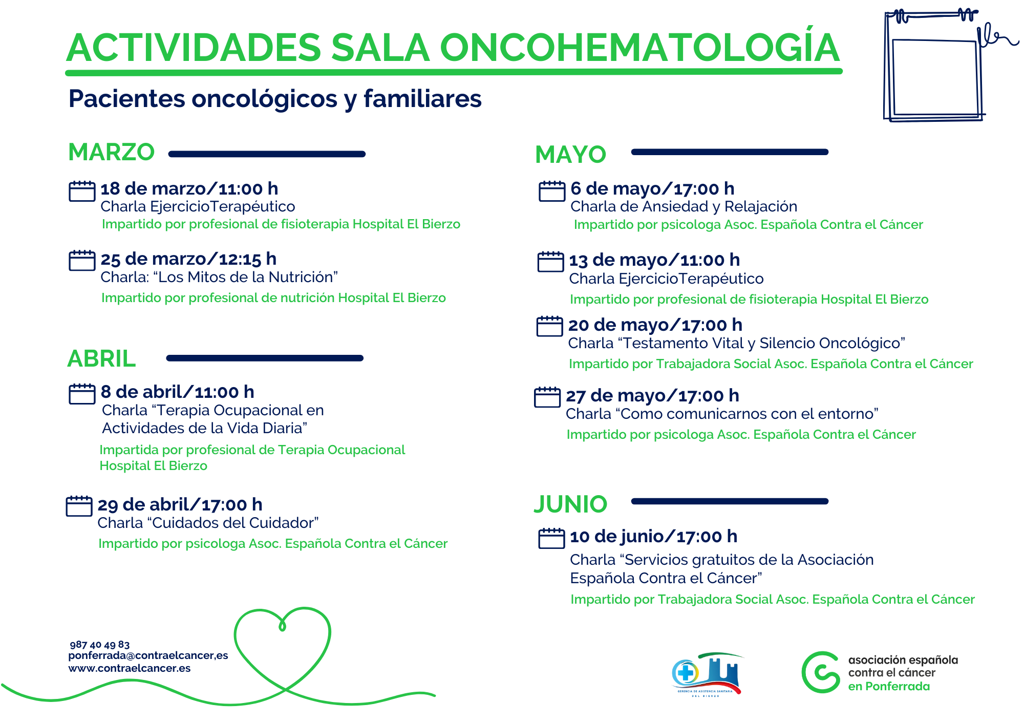 CALENDARIO ACTIVIDADES SALA ONCOHEMATOLOGÍA EL BIERZO
